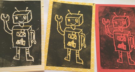 Some samples of the Printing Art Adventure that Cabot(9) and I are developing for his class. (= Www.ShenaLeonard.com